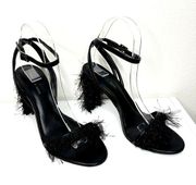 CHARLES & KEITH Black Glitter Fringe Open Toe Ankle Strap Block Heel Sandals 38