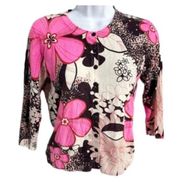 Diane von Furstenberg Kivel Pink Floral Print Silk Blend Cardigan Sweater Size M