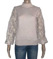 On Twelfth lace sleeve rhinestone trim sweater