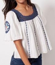Cleobella Blouse Womens S White Navy Navi Crochet Hand Embroider Puff Sleeve Top