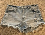 Light blue high rise distressed denim shorts