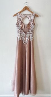 Hollow Out Back Appliqued Long Lace Peach Prom Dress with Pearls small 3