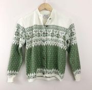 Vintage 60s 70s Nordic Fair Isle Cowichan acrylic knit cardigan sweater green M