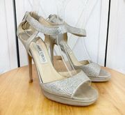 Jimmy Choo 015 Lancer Crystal Suede Strappy Heels Shimmer Silver Open Toe 37