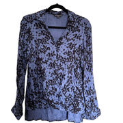 Rock & Republic Women’s Wrap Front Blouse Blue Black Floral Long Sleeve Sz M