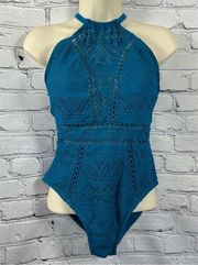 Salt & Cove Juniors Crochet One Piece Swim Adjustable Strap Lined Teal Blue S