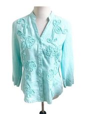 Charter Club Women Teal 100% Linen Embroidered Button Down Casual Blouse 10P