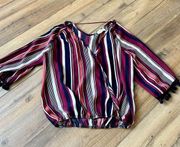 Lavender Field Top Blouse Small Red Women's Tassel Fringe Quarter Sleeve Stripes