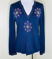 Sweater MEDIUM Blue V-Neck Knit Cotton Blend Embroidered Beaded