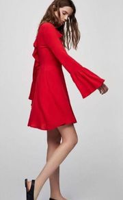 Pull & Bear Bell Sleeve Ruffle-Trim Backless Cocktail Dress Red Womens EU Small