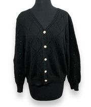 Nanette Lepore Pearl Button Pointelle Black Knit Cardigan Sweater