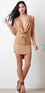 Faux suede plunging cowl neck long sleeve dress