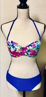 Tropical Blue, Pink & Yellow Floral Halter Bikini, M