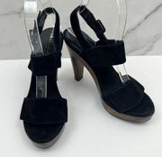 Loeffler Randall Women's Suede Platform Wooden Heel Sandals Black Size 7