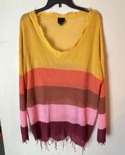 SWEET CLAIRE Women’s Color Block V-Neck Frayed Detail Oversized Sweater Size L