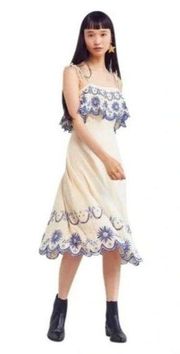 New sz L Cleobella Inez embroidered tie strap tiered blue white midi dress 8-10