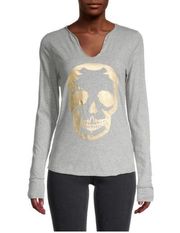 Zadig & Voltaire Tunisien Foil Skull Graphic Henley Melange Grey Womens Sz Small