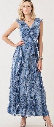 Diane Von Furstenberg DVF Lacey Python Denim Blue Wrap Dress Maxi Snake Ruffle 4