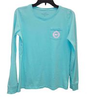 Vineyard Vines Long Sleeve Circle Whale Logo Pocket T-Shirt Teal Blue & Pink XS