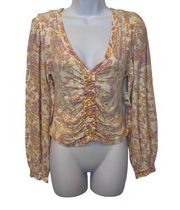 Free People  NWT Yellow Pink Floral Long Sleeve Ruched Top Sz XS
