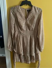 Japna tan and metallic tiered, lined, ruffle dress size Small