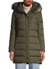 NWT Lands End Coat, Jacket Womens Forest Moss Large 14-16 Hood Faux fur trim