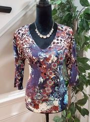 Peck & Peck Women's Multicolor Rayon V-Neck 3/4 Sleeve Casual Top Blouse Size PM