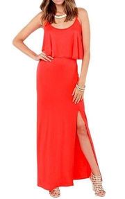 Sugarlips Flounce Chiffon Maxi Dress Slit Bright Red Open Strappy Back Size M