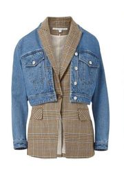 Veronica Beard Keaton   Combo Coat Denim Plaid Dickey Jacket Size Small $898