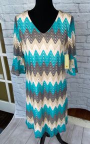 open knit fully lined 3/4 bell sleeve chevron print dress women sz Med
