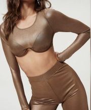 Good American Mocha Foil Crop Top With Underwire Long Sheer Sleeve Size 2 Medium