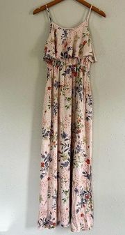 🦋 Promesa Pink Floral Maxi Dress Leg Slit Small Ruffle