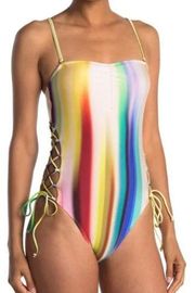 Rachel Roy One Piece Swimsuit Rainbow Strips Lace up sides XS NWT