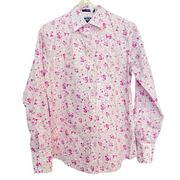 LANDS END Floral Cotton Women’s Long Sleeve Button Down Shirt Size 2 White Pink