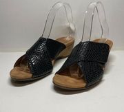 Women 6.5 Black Leather Leticia Sandal Wedge Slide Cork Snake Pattern