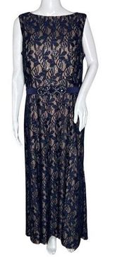 Alex Evenings Dress Womens 14 Blue Guipure Lace Sequins Beaded Belt Formal Party