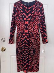 Maggy London Tie Dye Print Crepe Midi Sheath Dress in Coral/Navy Size 2 NWT