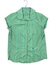 Mountain Hardwear Striped Short Sleeve Button Front Blouse Size 10 Green Outdoor