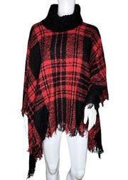 Steve Madden Poncho Women One Size Red Fringe Wrap Cape Plaid Cabincore Heritage