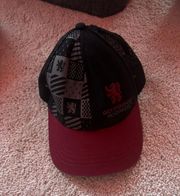 red and grey  trucker hat