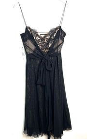 Elie Tahari Glenda  Silk Lace Midi Cocktail Dress Black Champagne Color