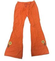 Linen Blend Flares Womens Size Small 28" Embroidered Orange Sunflower Corset Tie