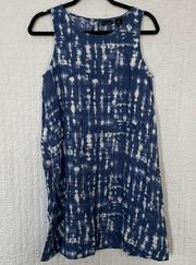 Sleeveless Blue/White Tie Dye Dress / 100% Linen / Size Small