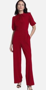 Donna Morgan Red Keyhole Jumpsuit with puff sleeve and pockets