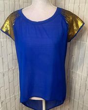 Fun & Flirty Blue High Low Top w/Sequin Shoulder and open back Sz L