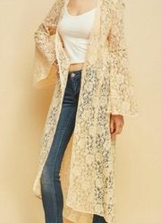 ENTRO Lace Bell Sleeves Button Front Long Lace Cover Up Jacket Boho Medium