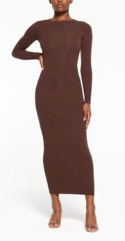 SKIMS Fits Everybody Long Sleeve Crewneck Dress in Cocoa Size Medium