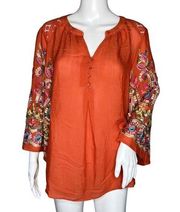 Christopher & Banks Shirt Women Large Orange Floral Embroidered Bohemian Peasant