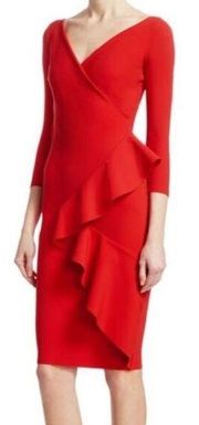 Chiara Boni Dress Ruffle Red Long Sleeve Cerene Midi Dress Size 38