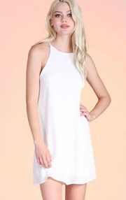 Tyche Beige High Neck Button Keyhole Back Swing Flowy Lined Slip Mini Dress M